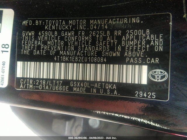 2014 TOYOTA AVALON LIMITED VIN: 4T1BK1EB2EU108084