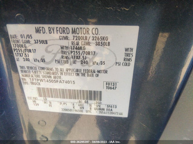 2005 FORD F-150 XLT/FX4/LARIAT/KING RANCH VIN: 1FTPW14505FA74015