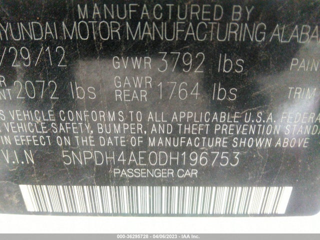 2013 HYUNDAI ELANTRA GLS VIN: 5NPDH4AE0DH196753