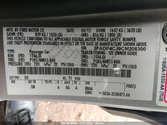 2012 FORD FIESTA SEL VIN: 3FADP4CJ9CM208300