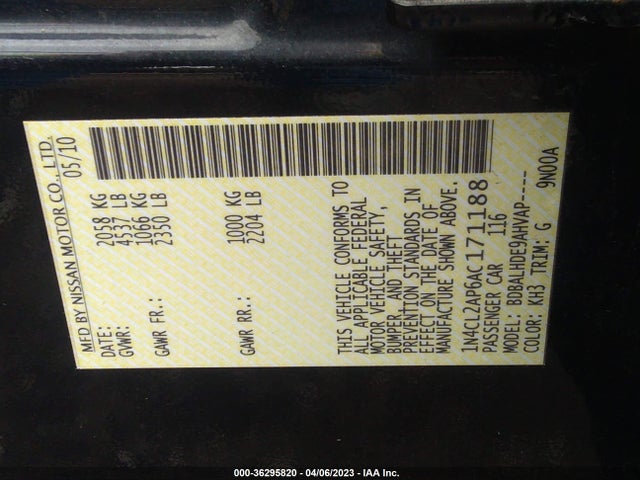 2010 NISSAN ALTIMA HYBRID VIN: 1N4CL2AP6AC171188