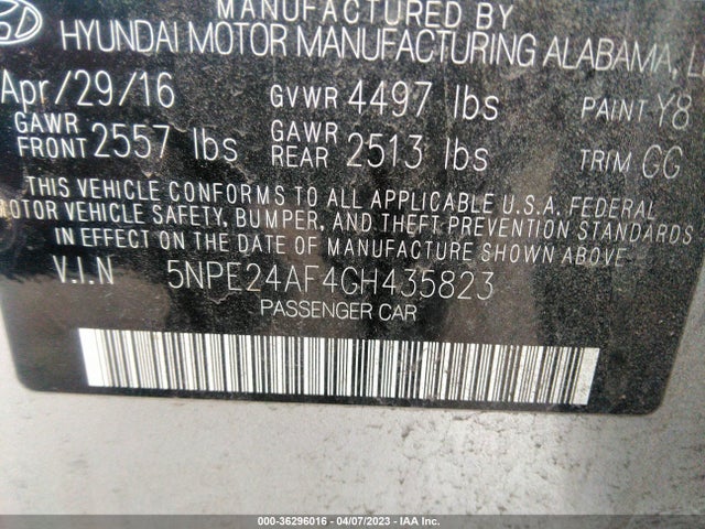 2016 HYUNDAI SONATA 2.4L SE VIN: 5NPE24AF4GH435823