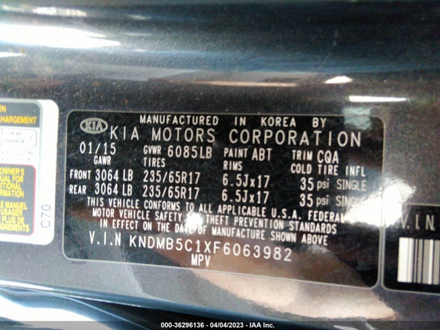 2015 KIA SEDONA LX VIN: KNDMB5C1XF6063982