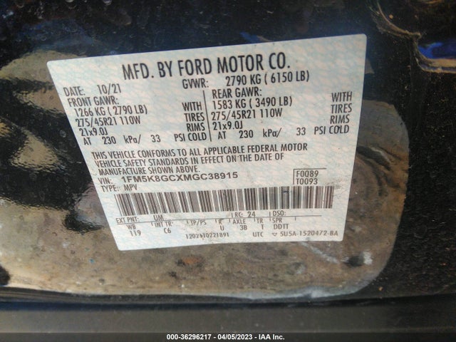 2021 FORD EXPLORER ST VIN: 1FM5K8GCXMGC38915