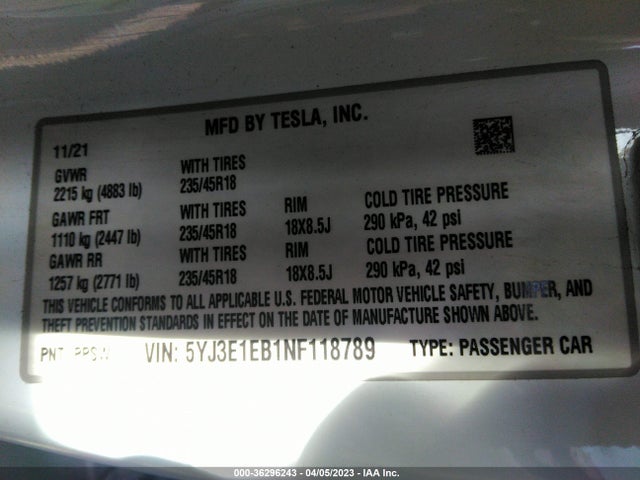 5YJ3E1EB1NF118789 Tesla Model 3 Long Range