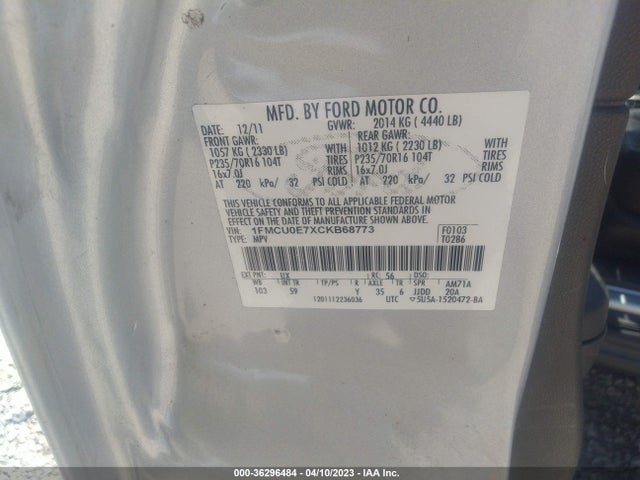 2012 FORD ESCAPE LIMITED VIN: 1FMCU0E7XCKB68773