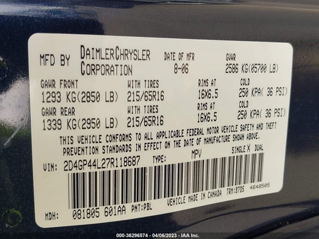 2007 DODGE GRAND CARAVAN SXT VIN: 2D4GP44L27R118687
