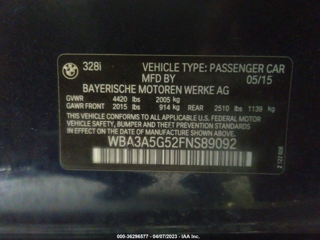 2015 BMW 3 SERIES 328I VIN: WBA3A5G52FNS89092