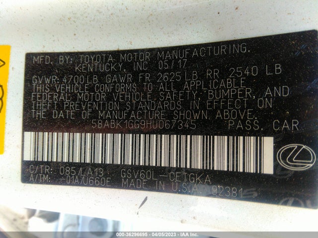 58ABK1GG9HU067345 Lexus Es Es 350