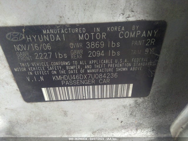 2007 HYUNDAI ELANTRA GLS/SE/LTD VIN: KMHDU46DX7U084236