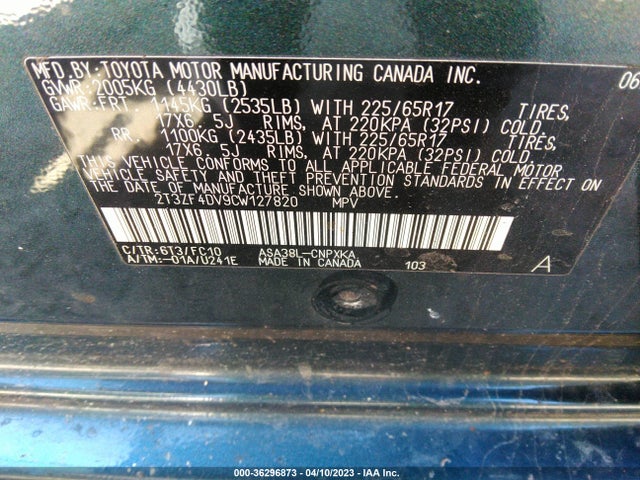2012 TOYOTA RAV4 VIN: 2T3ZF4DV9CW127820