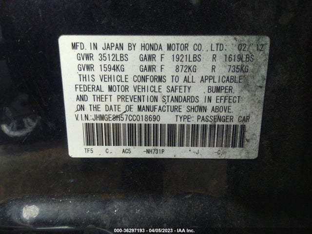 2012 HONDA FIT SPORT VIN: JHMGE8H57CC018690