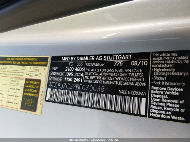 36297212 :رقم المزاد ، WDDKJ7CB2BF070035 vin ، 2011 Mercedes-benz E-class E 550 مزاد بيع