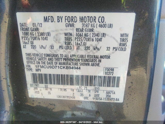 2012 FORD ESCAPE XLT VIN: 1FMCU9D71CKB94944