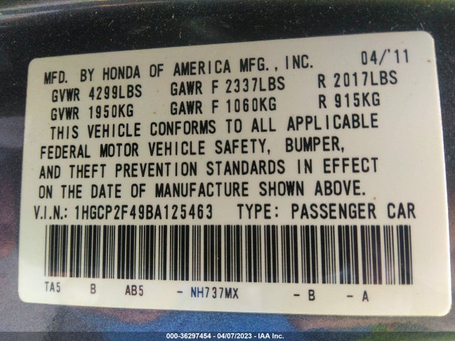 2011 HONDA ACCORD SDN LX-P VIN: 1HGCP2F49BA125463