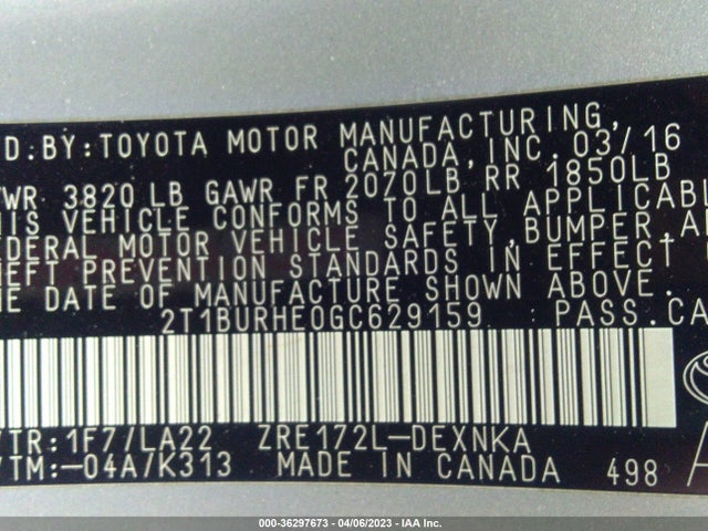 2016 TOYOTA COROLLA L/LE/S/S PLUS/LE PLUS VIN: 2T1BURHE0GC629159