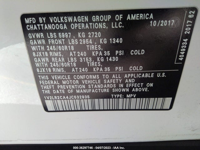 1V2LR2CA4JC532935 Volkswagen Atlas 3.6l V6 Se