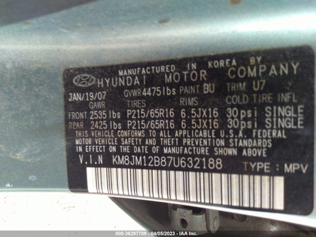 2007 HYUNDAI TUCSON GLS VIN: KM8JM12B87U632188