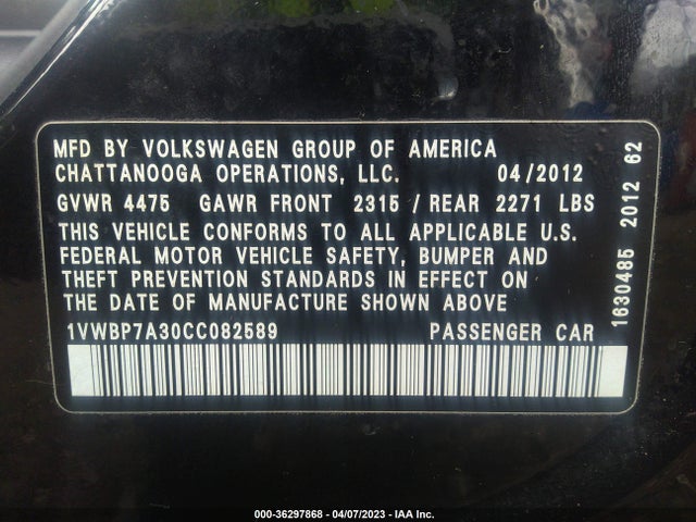 2012 VOLKSWAGEN PASSAT SE W/SUNROOF VIN: 1VWBP7A30CC082589