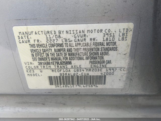 2009 NISSAN SENTRA 2.0 VIN: 3N1AB61E79L625896