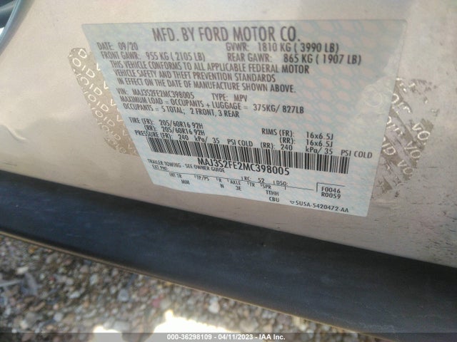 2021 FORD ECOSPORT S VIN: MAJ3S2FE2MC398005