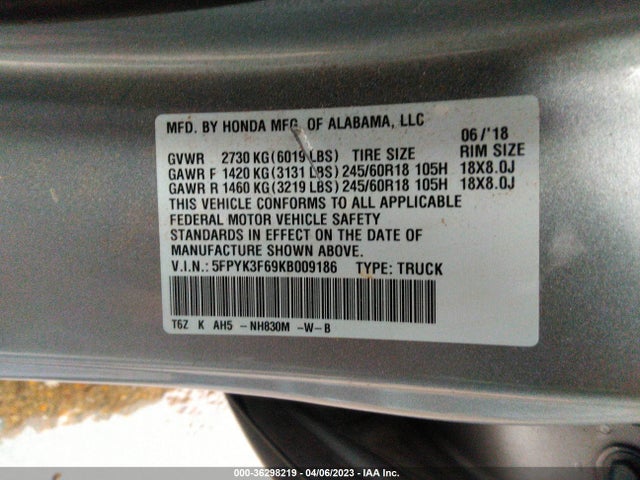 Honda Ridgeline Rtl-t 2019 5FPYK3F69KB009186 Image 9