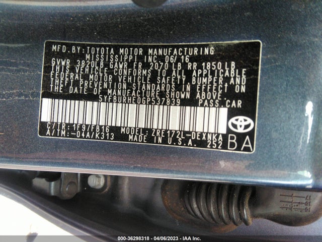 2016 TOYOTA COROLLA L/LE/S/S PLUS/LE PLUS VIN: 5YFBURHE0GP537839