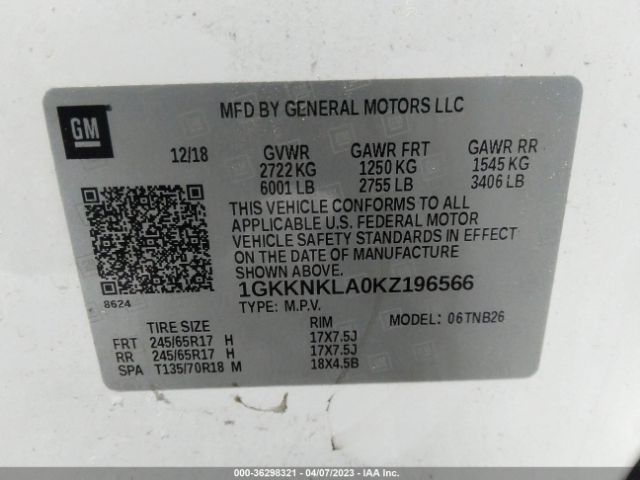 1GKKNKLA0KZ196566 GMC ACADIA SLE