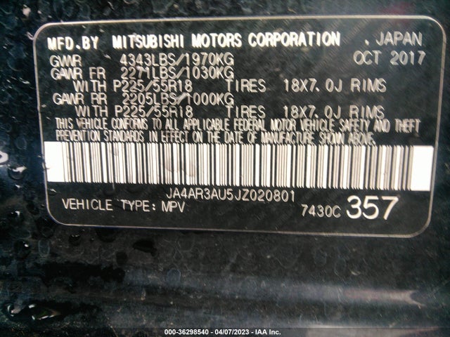 JA4AR3AU5JZ020801 Mitsubishi Outlander Sport 2.0