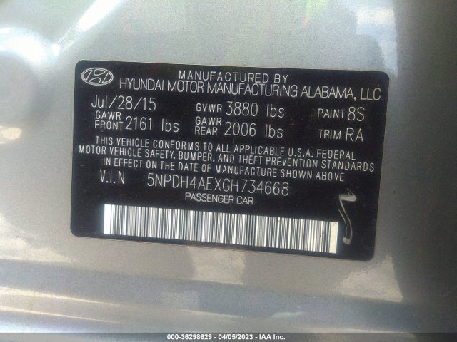 2016 HYUNDAI ELANTRA SE VIN: 5NPDH4AEXGH734668