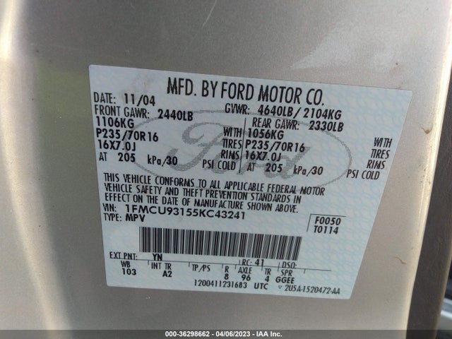 2005 FORD ESCAPE XLT VIN: 1FMCU93155KC43241