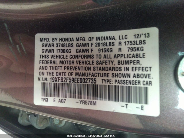 Honda Civic Sedan Lx 2014 19XFB2F59EE002735 Image 9