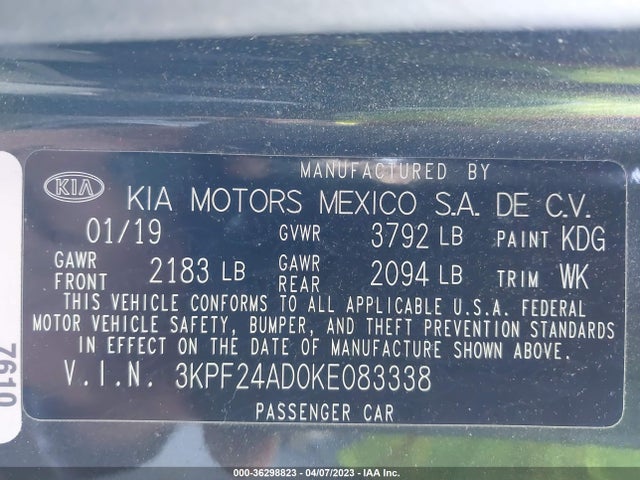 2019 KIA FORTE LXS VIN: 3KPF24AD0KE083338