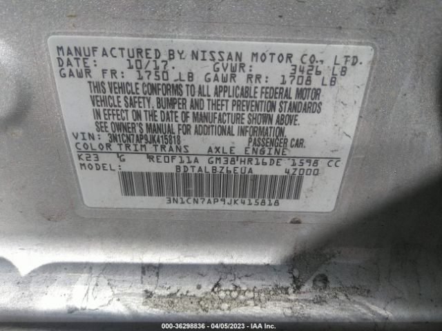 3N1CN7AP9JK415818 Nissan Versa Sedan Sv