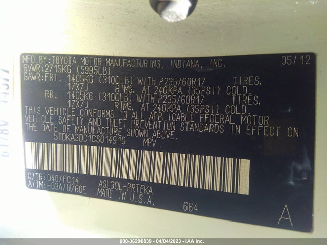36298839 :رقم المزاد ، 5TDKA3DC1CS014910 vin ، 2012 Toyota Sienna مزاد بيع