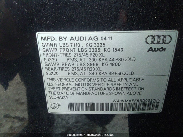 2011 AUDI Q7 3.0L TDI PRESTIGE VIN: WA1VMAFE5BD009785