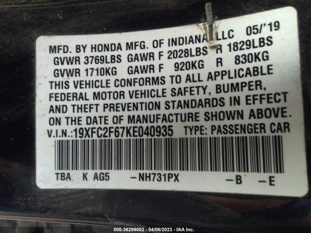 Honda Civic Sedan Lx 2019 19XFC2F67KE040935 Image 10