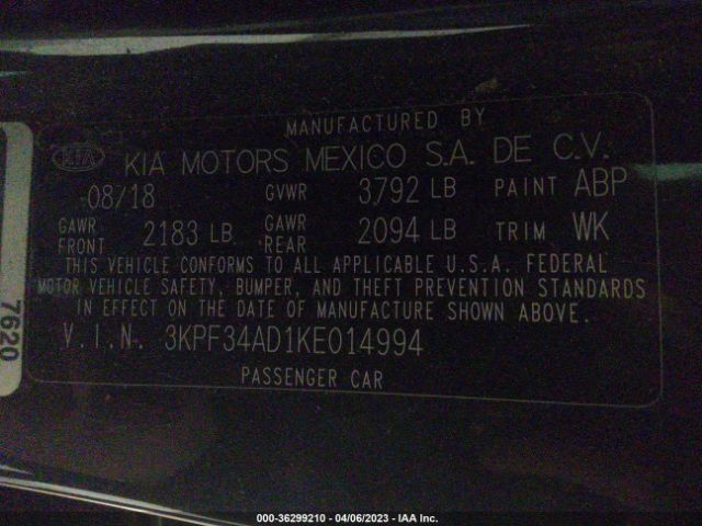 3KPF34AD1KE014994 KIA FORTE S