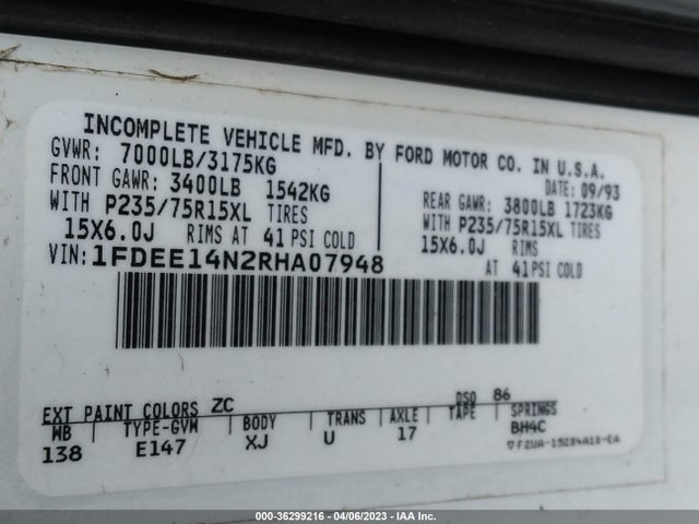 1994 FORD ECONOLINE E150 VAN VIN: 1FDEE14N2RHA07948