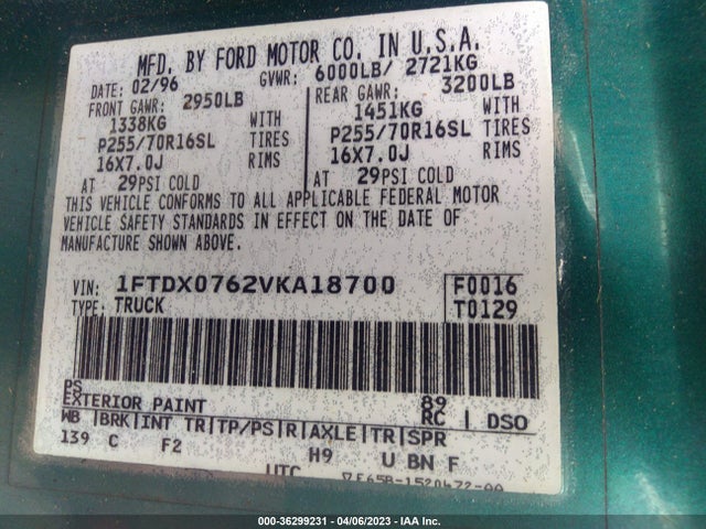 1997 FORD F-150 VIN: 1FTDX0762VKA18700