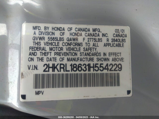 2001 HONDA ODYSSEY EX VIN: 2HKRL18631H554229
