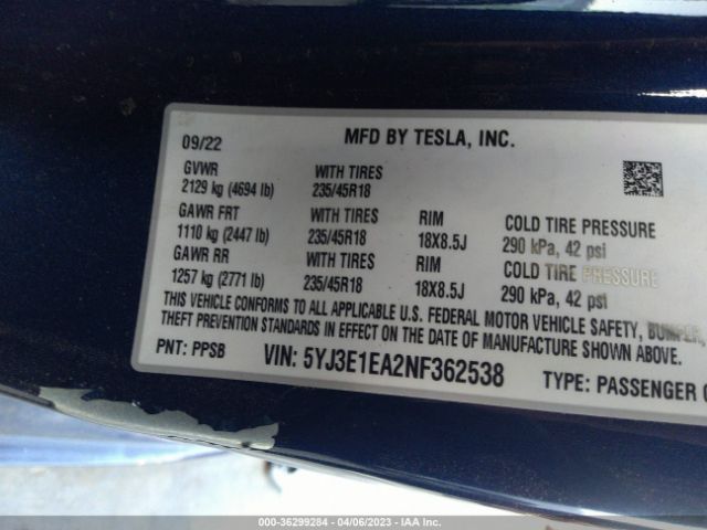 5YJ3E1EA2NF362538 Tesla MODEL 3