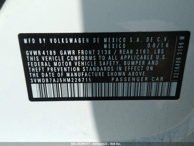 2017 VOLKSWAGEN JETTA 1.4T SE VIN: 3VWDB7AJ5HM226715