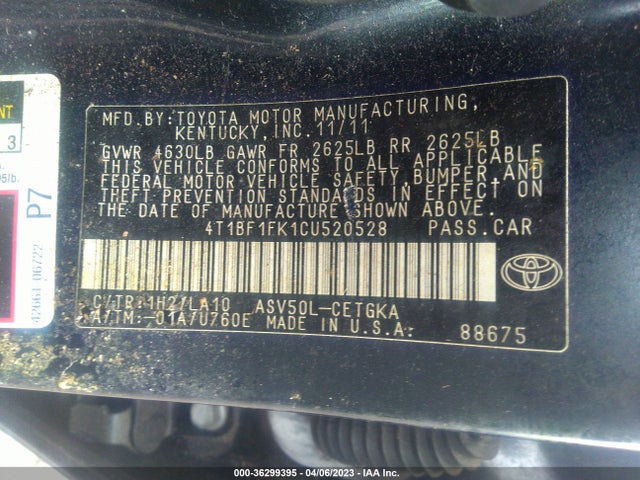 2012 TOYOTA CAMRY L/LE/SE/XLE VIN: 4T1BF1FK1CU520528