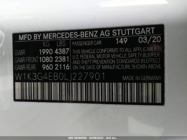 2020 MERCEDES-BENZ A-CLASS A 220 VIN: W1K3G4EB0LJ227901