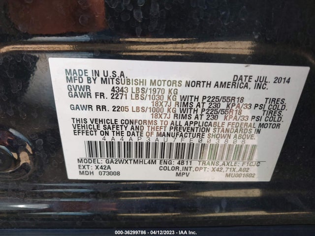 4A4AP3AU7FE003808 Mitsubishi Outlander Sport Es
