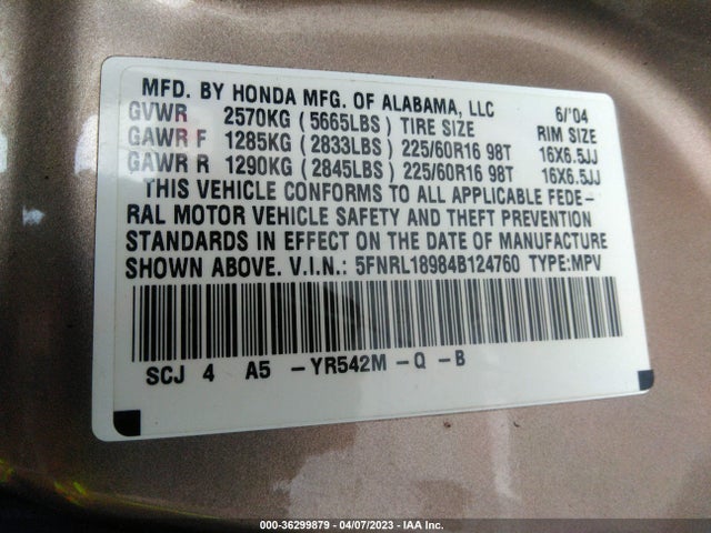 2004 HONDA ODYSSEY EX-L VIN: 5FNRL18984B124760