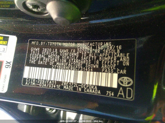 2016 TOYOTA COROLLA L/LE/S/S PLUS/LE PLUS VIN: 2T1BURHE8GC731454
