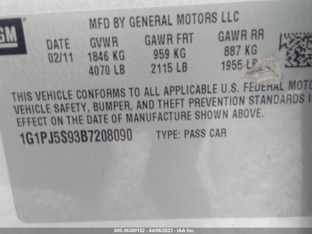 2011 CHEVROLET CRUZE ECO W/1XF VIN: 1G1PJ5S93B7208090
