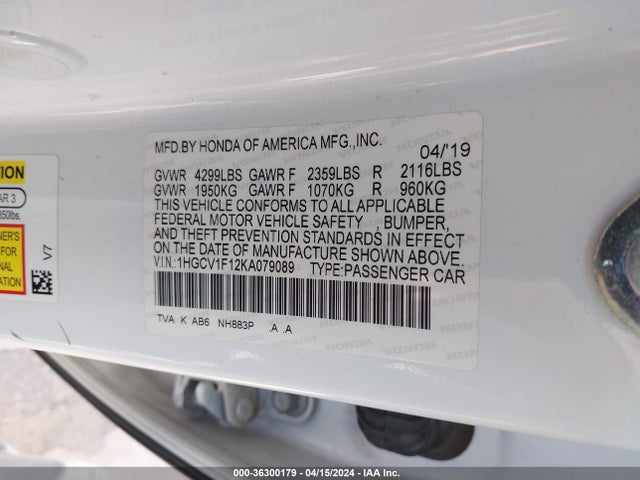 Honda ACCORD LX 2019 1HGCV1F12KA079089 Image 9